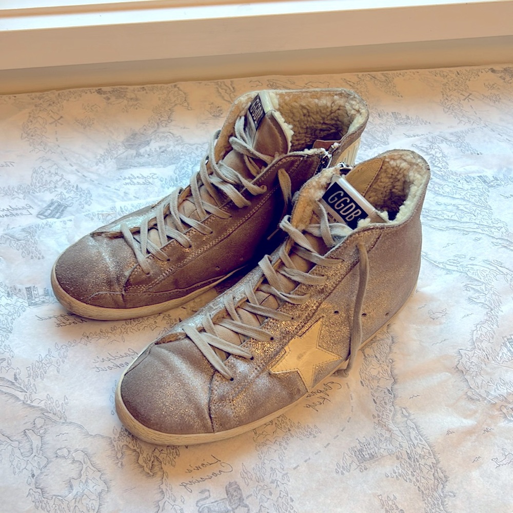Golden Goose Francy Shearling Trim Silver High Tops